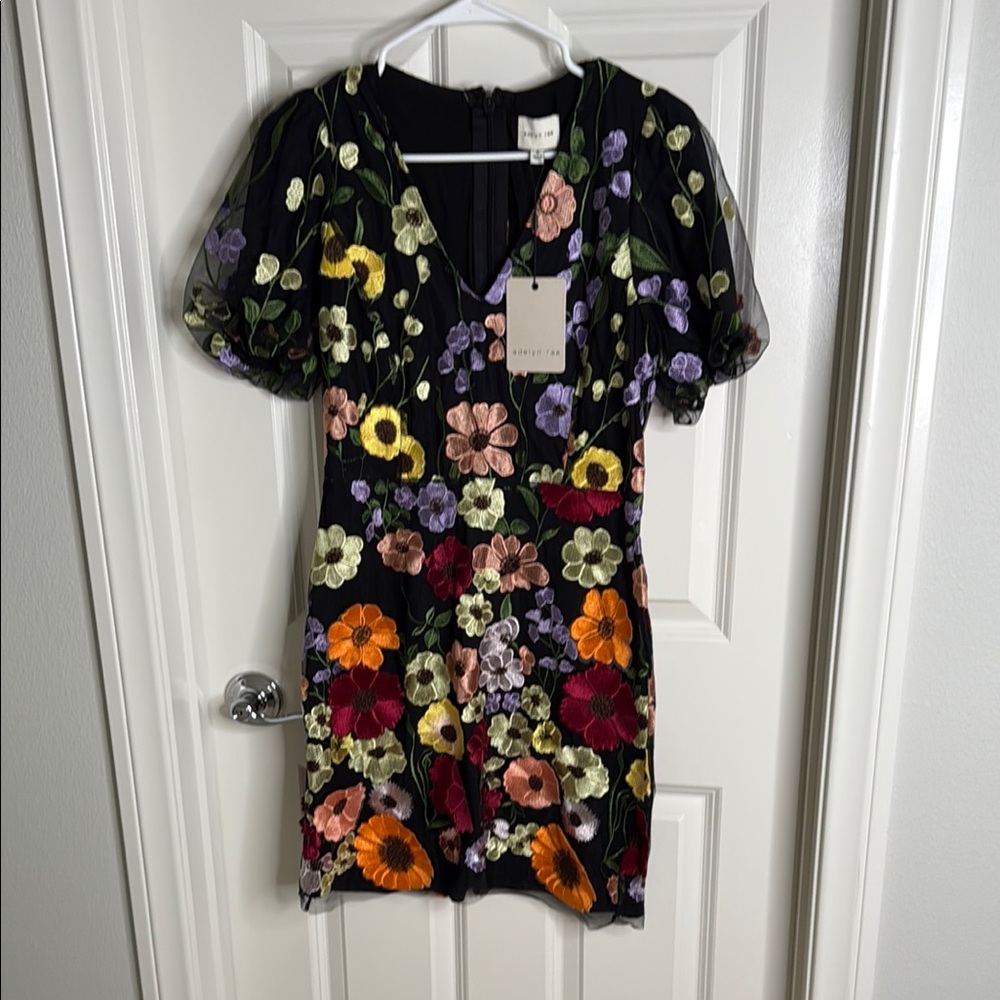 Adelyn Rae Black Dress with Floral Embroidery